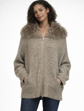 Chico's Cardigan Sweater Taupe w/ Detachable Faux Fur Collar Size L 12 (2)